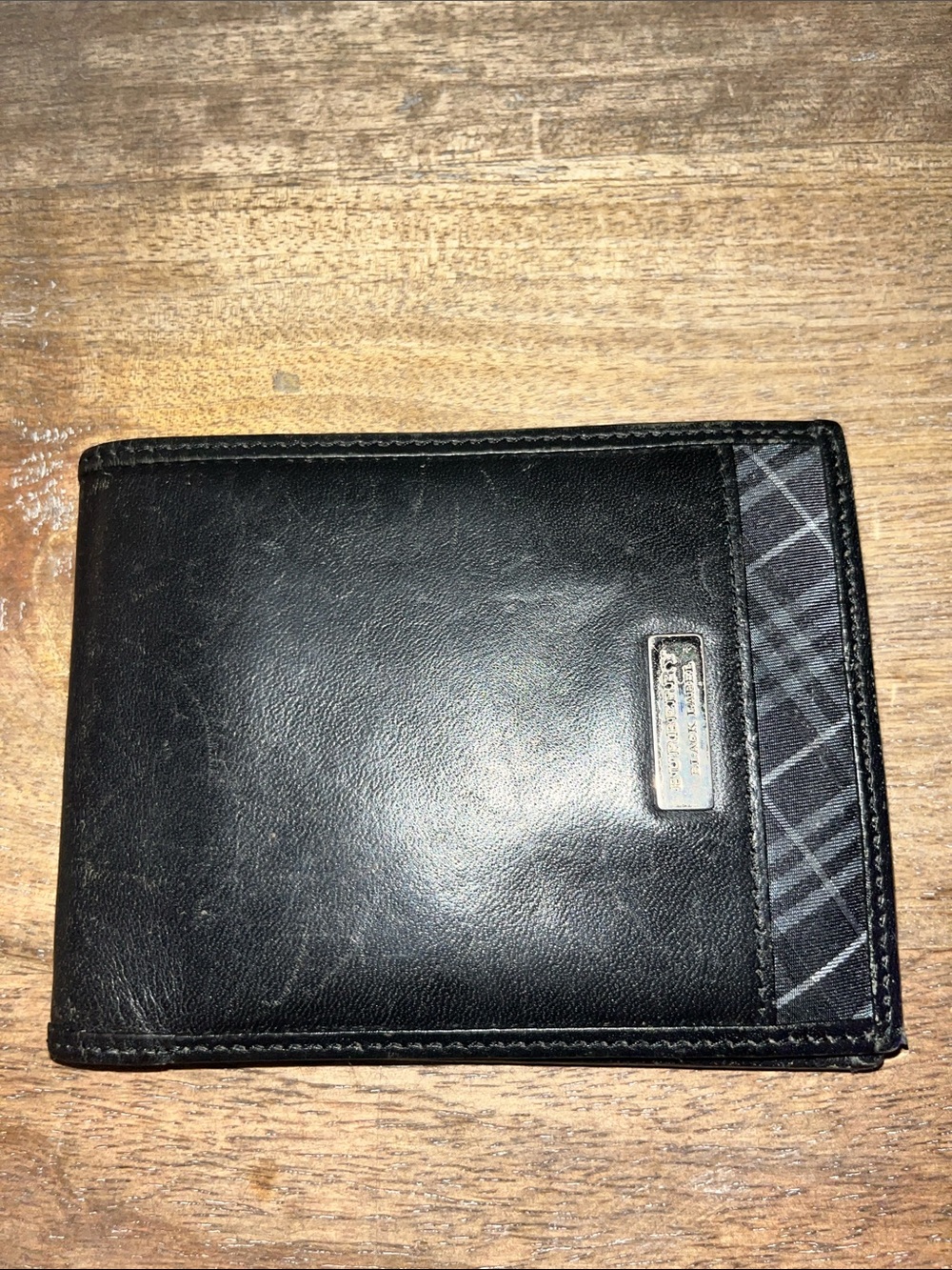Burberry Black Leather Bifold Wallet with Grey Plaid Trim